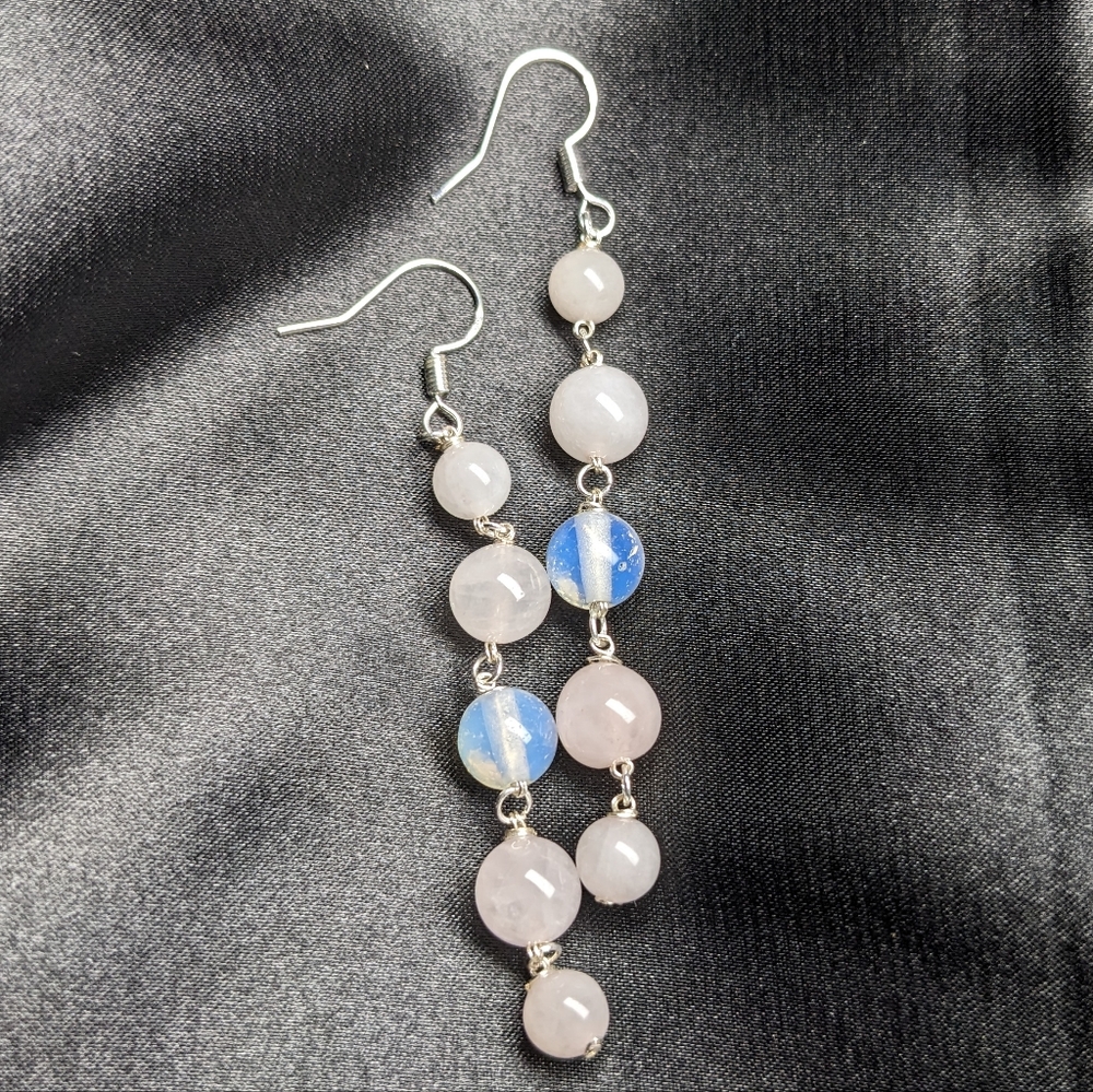 ROSE QUARTZ & MOONSTONE Earrings Dangle Long Handmade Crystal Beads Pink Cute - Picture 7 of 11